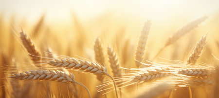 Wheatfield. Ears of golden wheat close up. Beautiful Nature Sunset Landscape. Rural Scenery under Shining Sunlight. Background of ripening ears of meadow wheat field. Rich harvest conceptの素材