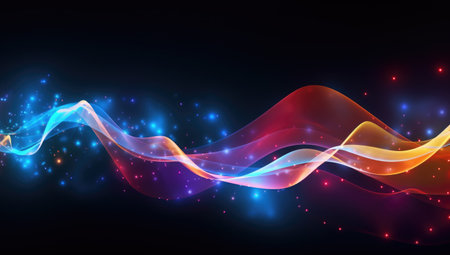 Neon blue and pink color strip wave paper on black. Abstract horizontal background.の素材