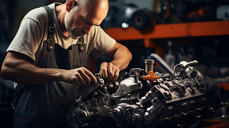 Portrait of mechanic checking parts of automobile.の素材