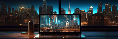 Shot of a Laptop Computer in the Modern Office Showing Photo Editing Software. In the Background Warm Evening Lighting and Open Space Studio with City Window Viewの素材