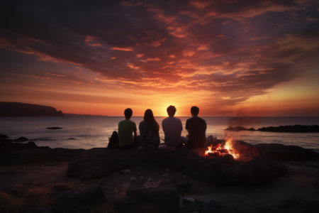 Night summer camping on lake shore. Group young happy tourists sitting in high grass around bonfire near tent under beautiful blue evening sky. Tourism, friendship and beauty of nature conceptの素材