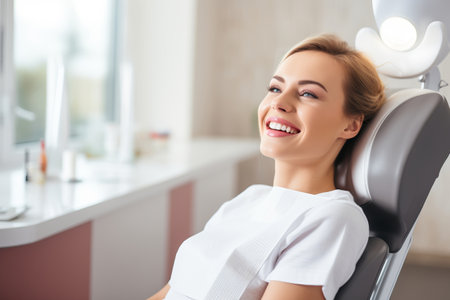 A girl at the reception of a dentist, with a beautiful smile and white teeth.の素材