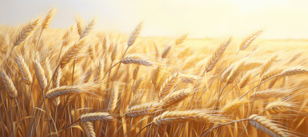 Wheatfield. Ears of golden wheat close up. Beautiful Nature Sunset Landscape. Rural Scenery under Shining Sunlight. Background of ripening ears of meadow wheat field. Rich harvest conceptの素材