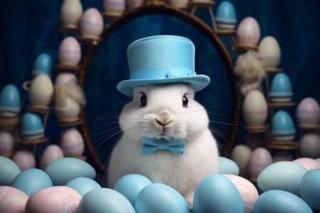 Easter bunny rabbit with blue painted egg on blue background. Easter holiday concept.の素材