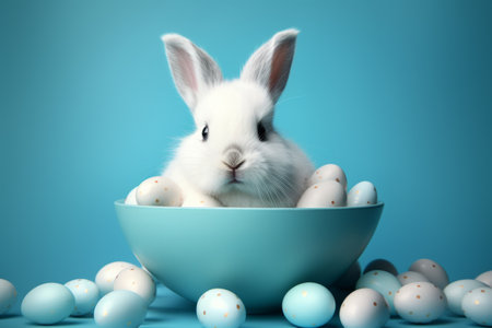 Easter bunny rabbit with blue painted egg on blue background. Easter holiday concept.の素材