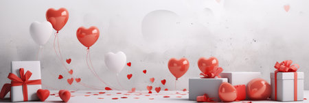 Happy Saint Valentine's day card, hanging pink, white and red hearts on rose background. Place for text. Holiday sale, long banner header or voucher template. Love greeting creative conceptの素材