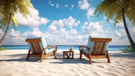 Two beach chairs standing in the sand on the seashore.の素材