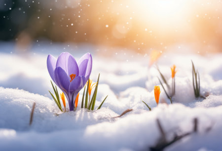 beautiful spring flowers crocuses spring break out from under the snow. the concept of the arrival of spring and the awakening of natureの素材