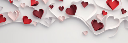 Happy Saint Valentine's day card, hanging pink, white and red hearts on rose background. Place for text. Holiday sale, long banner header or voucher template. Love greeting creative conceptの素材