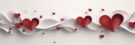 Happy Saint Valentine's day card, hanging pink, white and red hearts on rose background. Place for text. Holiday sale, long banner header or voucher template. Love greeting creative conceptの素材
