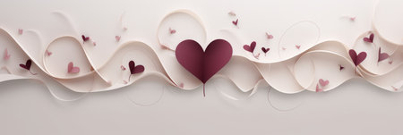 Happy Saint Valentine's day card, hanging pink, white and red hearts on rose background. Place for text. Holiday sale, long banner header or voucher template. Love greeting creative conceptの素材