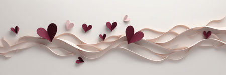 Happy Saint Valentine's day card, hanging pink, white and red hearts on rose background. Place for text. Holiday sale, long banner header or voucher template. Love greeting creative conceptの素材