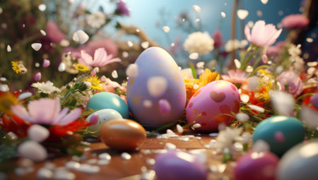 Easter Eggs in Bright Colorful Flowers and Grass.の素材