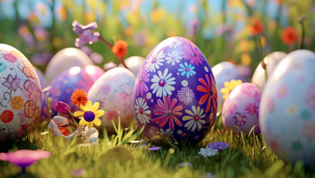 Easter Eggs in Bright Colorful Flowers and Grass.の素材