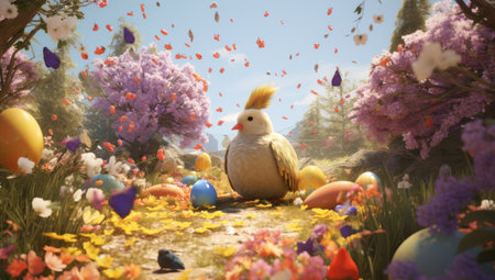 Easter Eggs in Bright Colorful Flowers and Grass.の素材