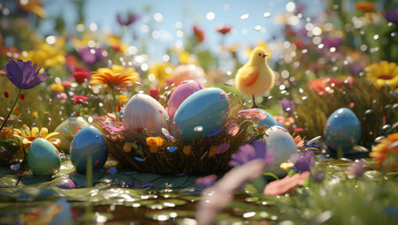 Easter Eggs in Bright Colorful Flowers and Grass.の素材