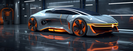 Modern futuristic sports car illuminated with beautiful light.の素材