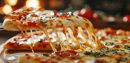 A slice of hot Italian pizza with stretching cheese. Pizza four cheeses with basil.の素材