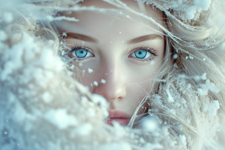 Close-up portrait of blonde woman, flying snowflakes, winter.の素材