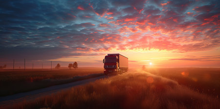 Truck driving on the asphalt road in rural landscape at sunset with dark clouds.の素材