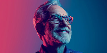 Close Up Portrait of a Cheerful Senior Man with Gray Hair Wearing Glasses Standing Outdoors in Front of a Residential Area Home. Retired Adult Man Looking at Camera and Smiling.の素材