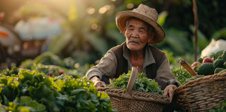 Elderly man engaged in growing tomatoes in a greenhouse on a summer sunny day.の素材