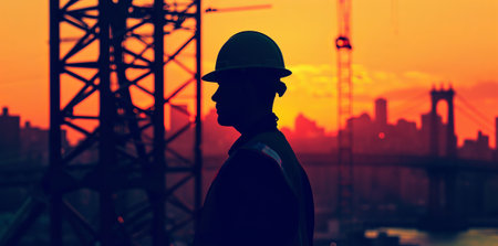 technician builder in protective safety equipment goggles hard hat and blueprints working at high building construction site against urban scene balcony over looking city dusky before rain falling..の素材