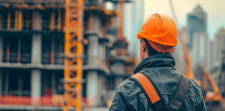 technician builder in protective safety equipment goggles hard hat and blueprints working at high building construction site against urban scene balcony over looking city dusky before rain falling..の素材