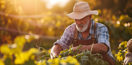 Elderly man engaged in growing tomatoes in a greenhouse on a summer sunny day.の素材