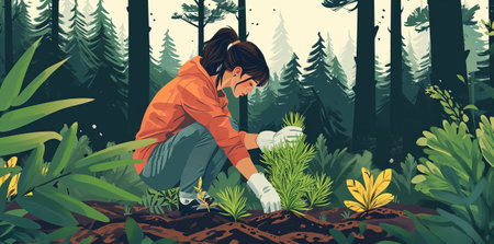 Girl planting green plants in the ground.の素材