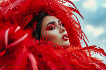 Fashion portrait of a beautiful girl surrounded by red feathers.の素材
