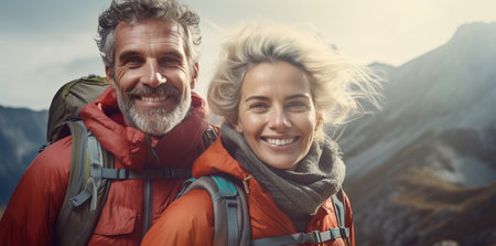 Senior tourist couple hiking and taking selfie at the beautiful mountains.の素材