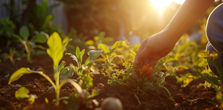 Girl planting green plants in the ground.の素材