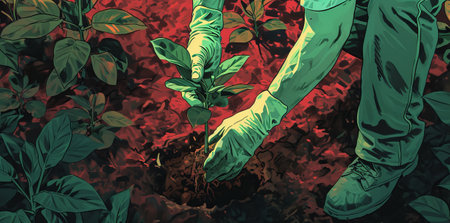 Girl planting green plants in the ground.の素材