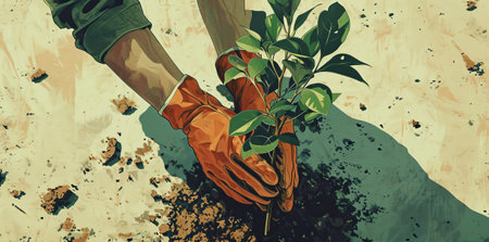 Girl planting green plants in the ground.の素材