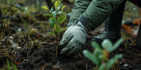 Girl planting green plants in the ground.の素材
