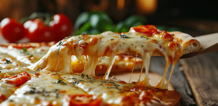 A slice of hot Italian pizza with stretching cheese. Pizza four cheeses with basil.の素材