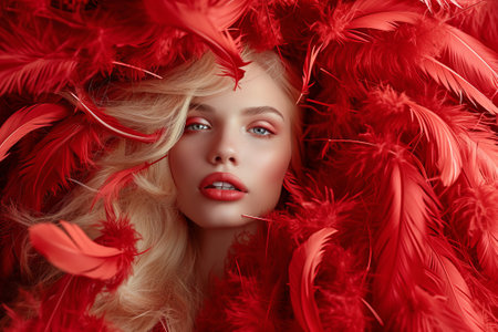 Fashion portrait of a beautiful girl surrounded by red feathers.の素材