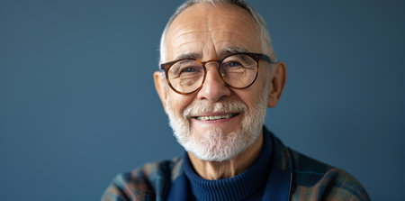 Close Up Portrait of a Cheerful Senior Man with Gray Hair Wearing Glasses Standing Outdoors in Front of a Residential Area Home. Retired Adult Man Looking at Camera and Smiling.の素材