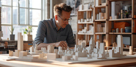 Male architect assembling paper model of the city.の素材