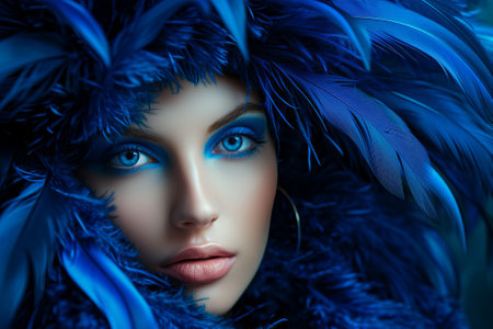 Fashion portrait of a beautiful girl surrounded by blue feathers.の素材