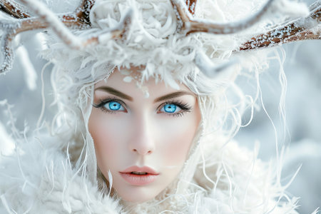 Close-up portrait of blonde woman, flying snowflakes, winter.の素材