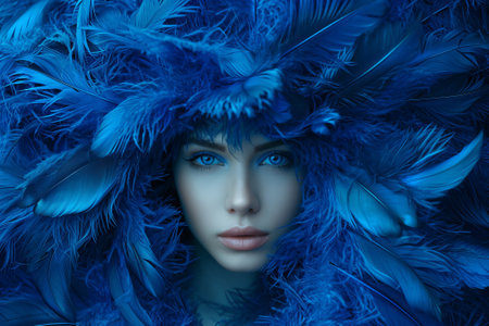 Fashion portrait of a beautiful girl surrounded by blue feathers.の素材
