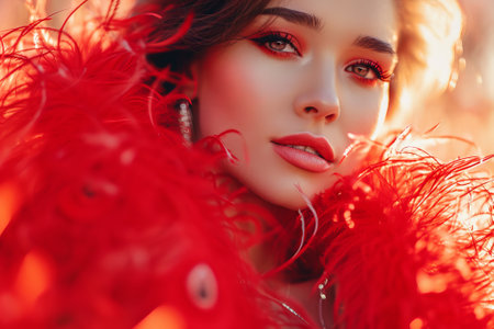 Fashion portrait of a beautiful girl surrounded by red feathers.の素材