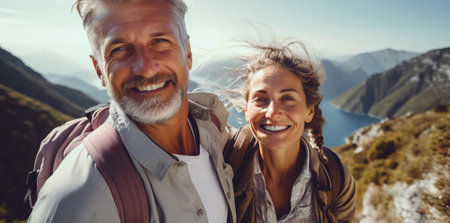 Senior tourist couple hiking and taking selfie at the beautiful mountains.の素材