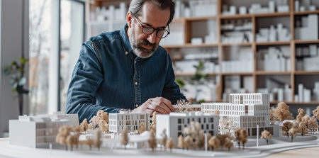 Male architect assembling paper model of the city.の素材