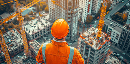 technician builder in protective safety equipment goggles hard hat and blueprints working at high building construction site against urban scene balcony over looking city dusky before rain falling..の素材
