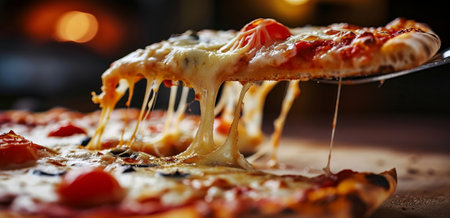 A slice of hot Italian pizza with stretching cheese. Pizza four cheeses with basil.の素材