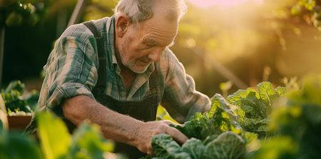 Elderly man engaged in growing tomatoes in a greenhouse on a summer sunny day.の素材