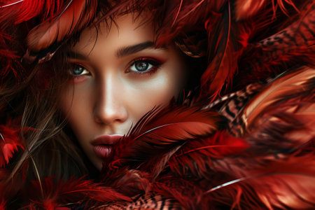 Fashion portrait of a beautiful girl surrounded by red feathers.の素材